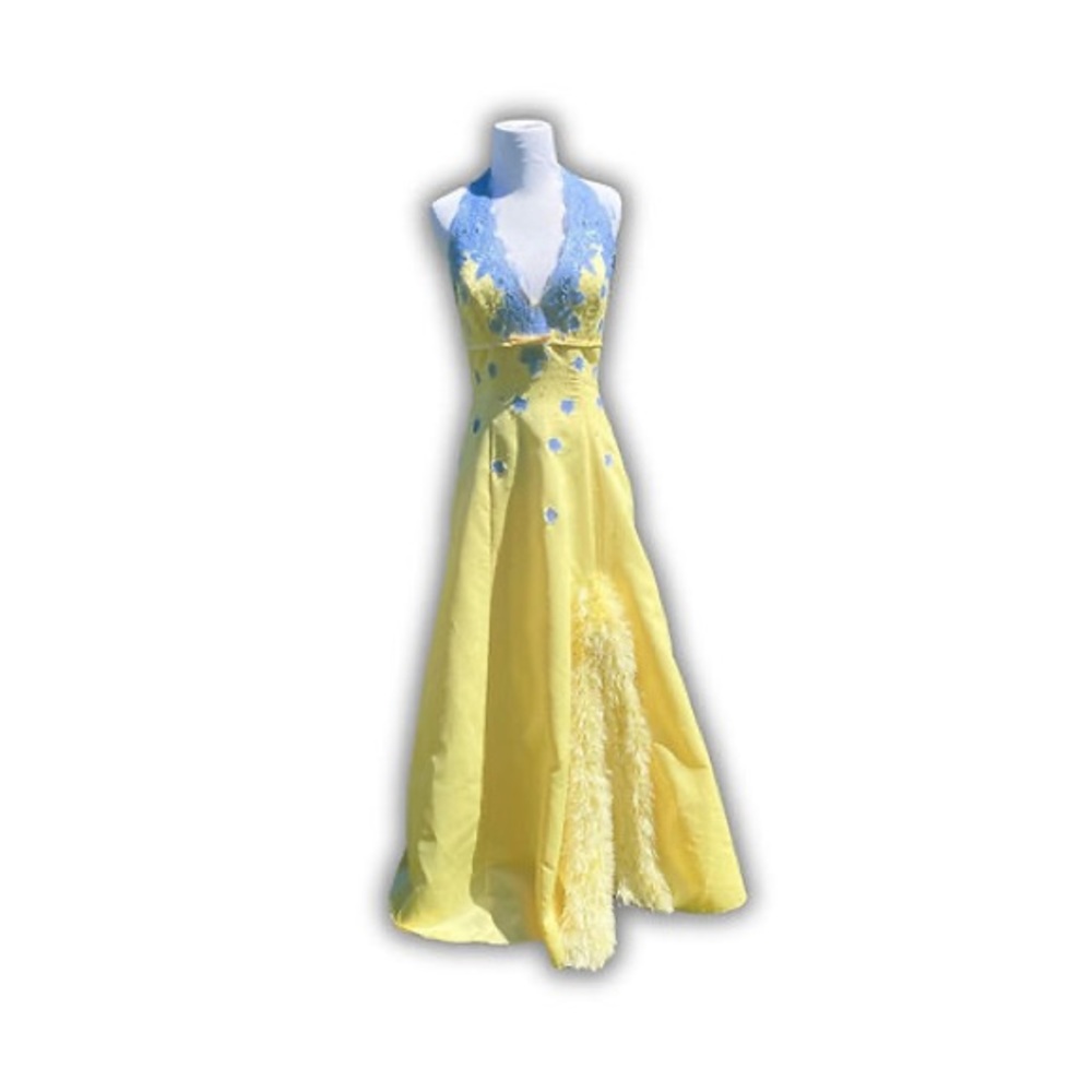 Upcycled Yellow Prom Dress with Color-Changing Lace Detailing and Feather Slit
